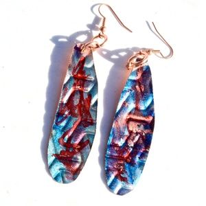 Long Red Blue Patina Embossed Drop Earrings Boho
